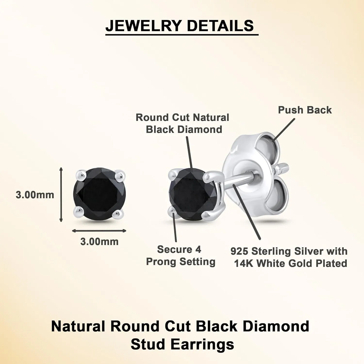 0.30 to 2.00 Ct Round Cut Black Diamond Stud Earrings for Women's Gift | 4 Prong Set Push Back Solitaire Stud | 14K White or Yellow Gold Plated | 925 Sterling Silver Earrings for Men's