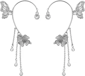 1 Pair Butterfly Tassel Style Zircon Earrings for Women Non Piercing Shiny Butterfly Flower Ear Clips Gold Silver Statement Charm Wrap Ear Cuff Long Earring Jewelry Gift