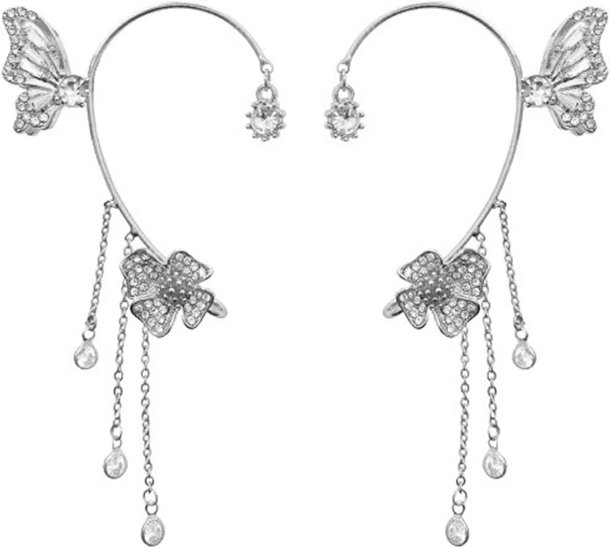 1 Pair Butterfly Tassel Style Zircon Earrings for Women Non Piercing Shiny Butterfly Flower Ear Clips Gold Silver Statement Charm Wrap Ear Cuff Long Earring Jewelry Gift