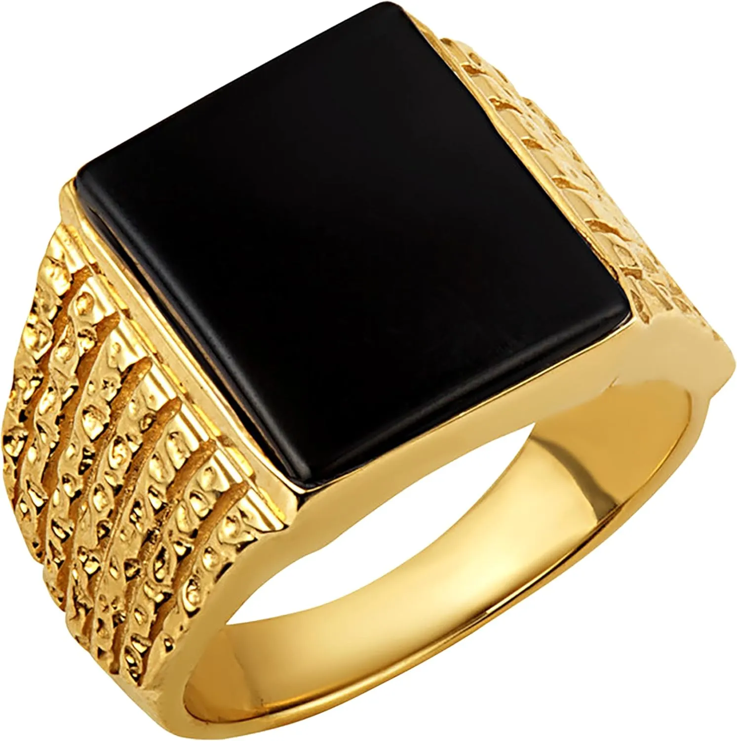 10K and 14K Men's Statement Black Onyx Square Ring Available in Yellow, Rose and White Gold with Multiple RingSize