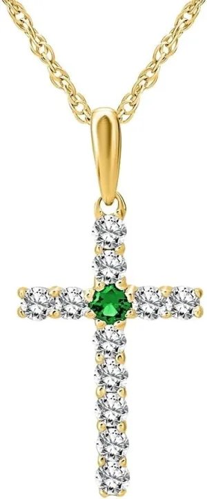 10K Gold or Silver Diamond and Created Emerald Cross Pendant with Sterling Silver Rope Chain Necklace (1/4 cttw, I-J Color, I2-I3 Clarity) 18"