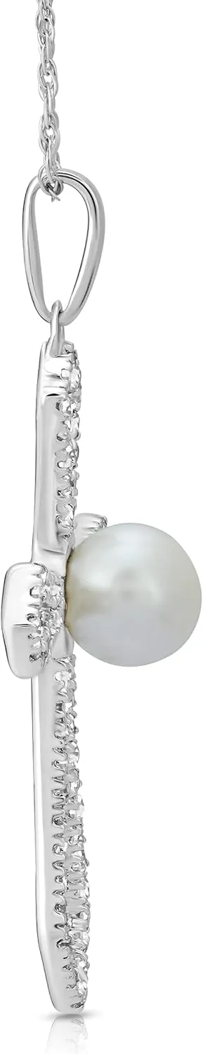 10K Gold or Silver Diamond and Freshwater Cultured Pearl Cross Pendant with Gold plated Silver Chain Necklace (1/4 cttw, I-J Color, I2-I3 Clarity) 18"