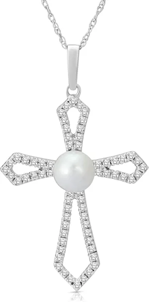 10K Gold or Silver Diamond and Freshwater Cultured Pearl Cross Pendant with Gold plated Silver Chain Necklace (1/4 cttw, I-J Color, I2-I3 Clarity) 18"
