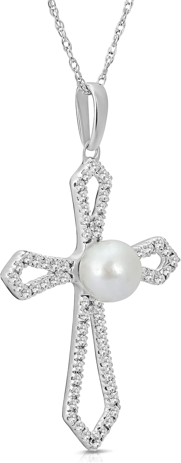 10K Gold or Silver Diamond and Freshwater Cultured Pearl Cross Pendant with Gold plated Silver Chain Necklace (1/4 cttw, I-J Color, I2-I3 Clarity) 18"