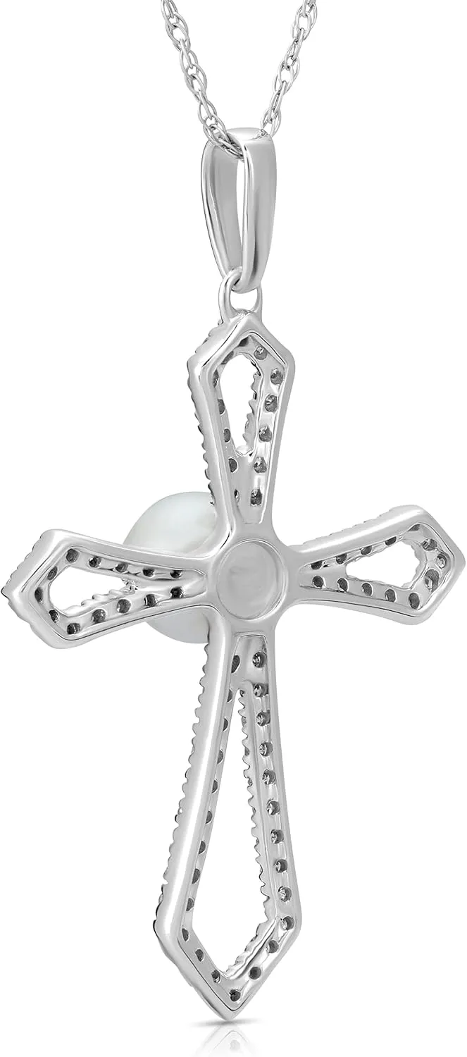10K Gold or Silver Diamond and Freshwater Cultured Pearl Cross Pendant with Gold plated Silver Chain Necklace (1/4 cttw, I-J Color, I2-I3 Clarity) 18"
