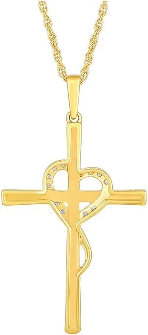 10K Gold or Sterling Silver Round Diamond Cross Heart Pendant with Sterling Silver Rope Chain Necklace (1/10 cttw, I-J Color, I2-I3 Clarity) 18"