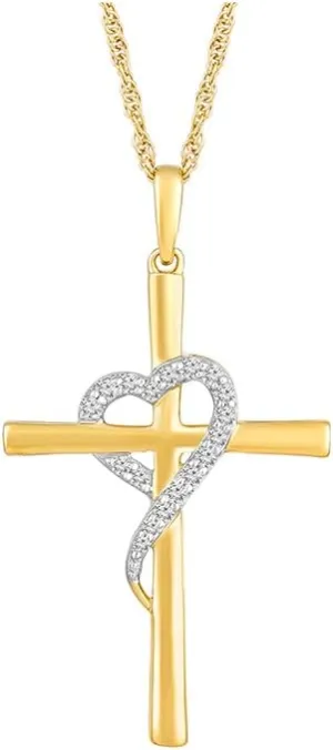 10K Gold or Sterling Silver Round Diamond Cross Heart Pendant with Sterling Silver Rope Chain Necklace (1/10 cttw, I-J Color, I2-I3 Clarity) 18"