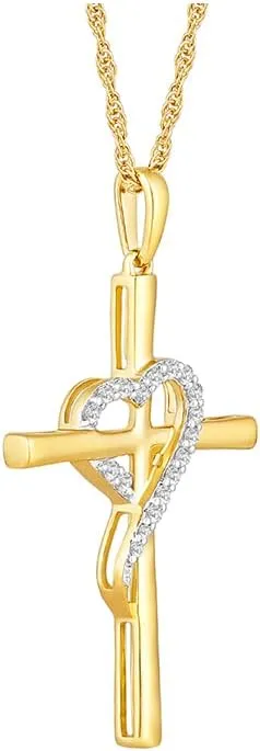 10K Gold or Sterling Silver Round Diamond Cross Heart Pendant with Sterling Silver Rope Chain Necklace (1/10 cttw, I-J Color, I2-I3 Clarity) 18"