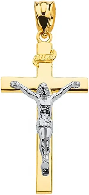 10K Two Tone Yellow & White Gold Catholic Linear Cross INRI Crucifix Pendant Charm - Choice of Size