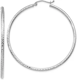 10k White Gold Sparkle Cut 2mm Round Tube Hoop Earrings 50mm Long 2mm Thick-Hoop Earring for Women