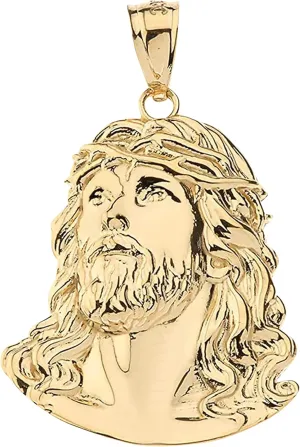 10K Yellow Gold 1-1/8" Face of Jesus with Crown of Thorns Christian Dangling Pendant Charm