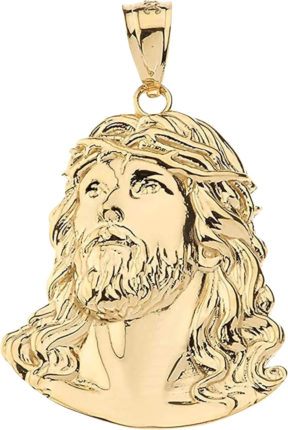 10K Yellow Gold 1-1/8" Face of Jesus with Crown of Thorns Christian Dangling Pendant Charm