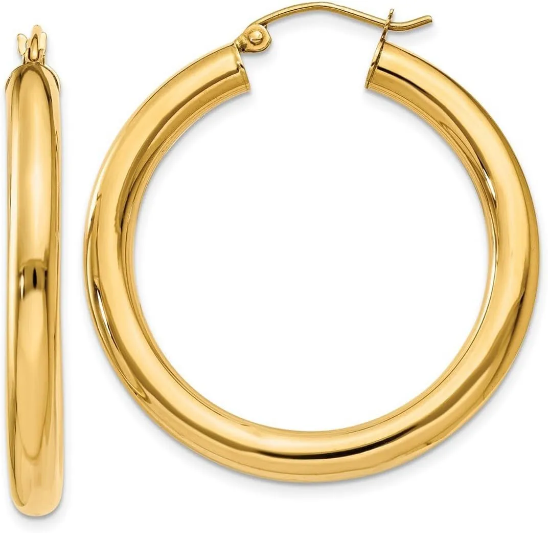 10k Yellow Gold Polished 4mm Lightweight Tube Hoop Earrings 35mm Long 4mm Thick-Hoop Earring for Women