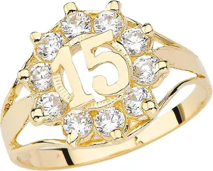 10k Yellow Gold Round Cubic Zirconia Openword Quinceanera "15" Fashion Ring - Size 6
