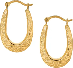 10k Yellow Gold Shiny Swirl Design Oval Hoop Earrings, Length 20mm