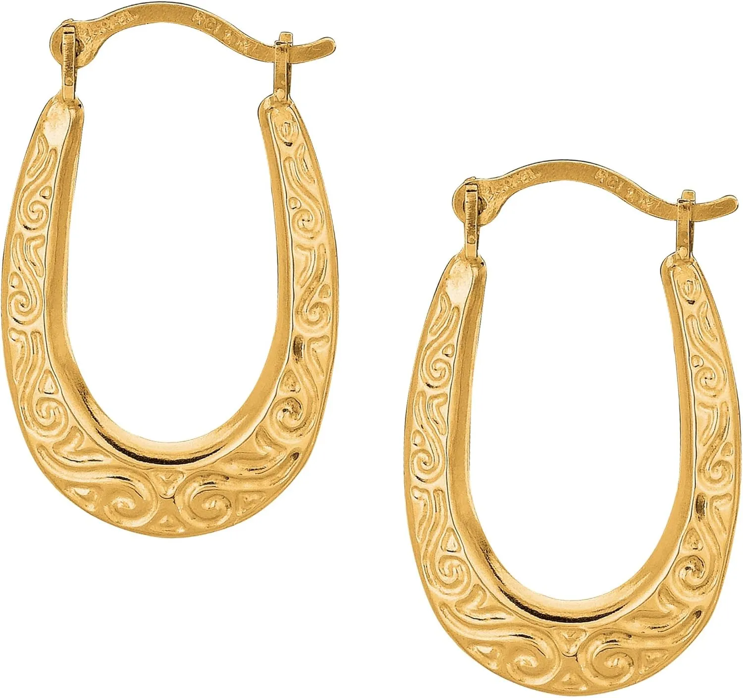 10k Yellow Gold Shiny Swirl Design Oval Hoop Earrings, Length 20mm
