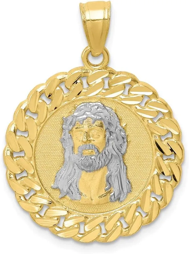 10k Yellow Gold with Rhodium-Plating Shiny-Cut Jesus Face Pendant