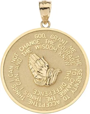 10K Yellow, White, or Rose Gold Round Serenity Prayer and Lord's Prayer with Praying Hands Medal Style Medallion Charm Pendant - Choice of Metal Color and Pendant Size