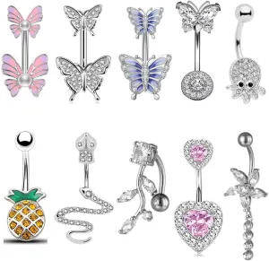 10Pcs Stainless Steel Belly Button Rings for Women Navel Rings CZ Body Piercing
