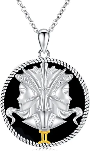 12 Constellation Necklace 925 Sterling Silver Zodiac Sign Coin Pendant Necklaces Black Onyx Astrology Horoscope Jewelry Birthday Gifts for Women Men