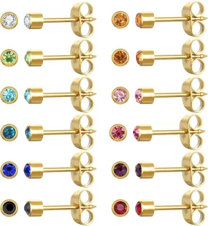 12 Pairs Ear Piercing Stud Earrings, Surgical Stainless Steel Multicolor Cubic Zirconia Birthstone Stud Earrings for Ear Piercing Guns