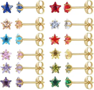 12 Pairs Surgical Stainless Steel Birthstone Cubic Zirconia Stud Earrings, Gold Plated Round Star Heart Square Princess Cut CZ Stud Earrings Set