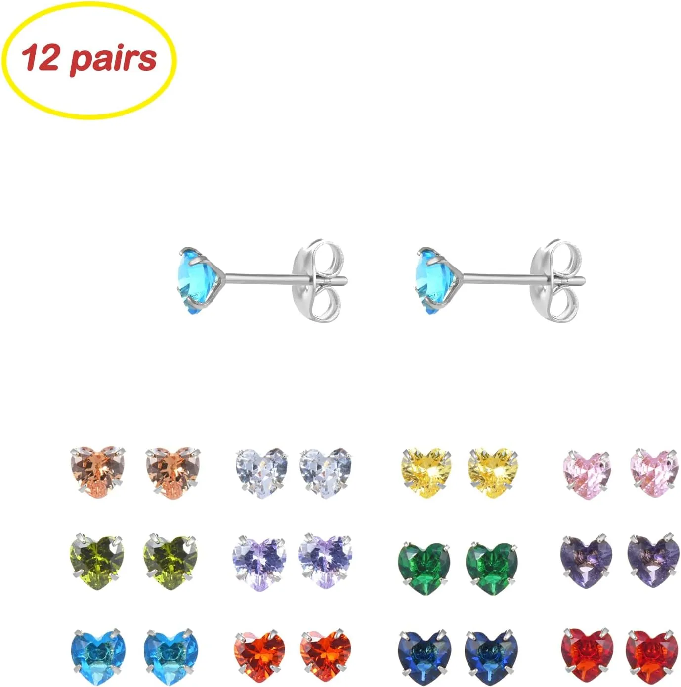 12 Pairs Surgical Stainless Steel Birthstone Cubic Zirconia Stud Earrings, Gold Plated Round Star Heart Square Princess Cut CZ Stud Earrings Set