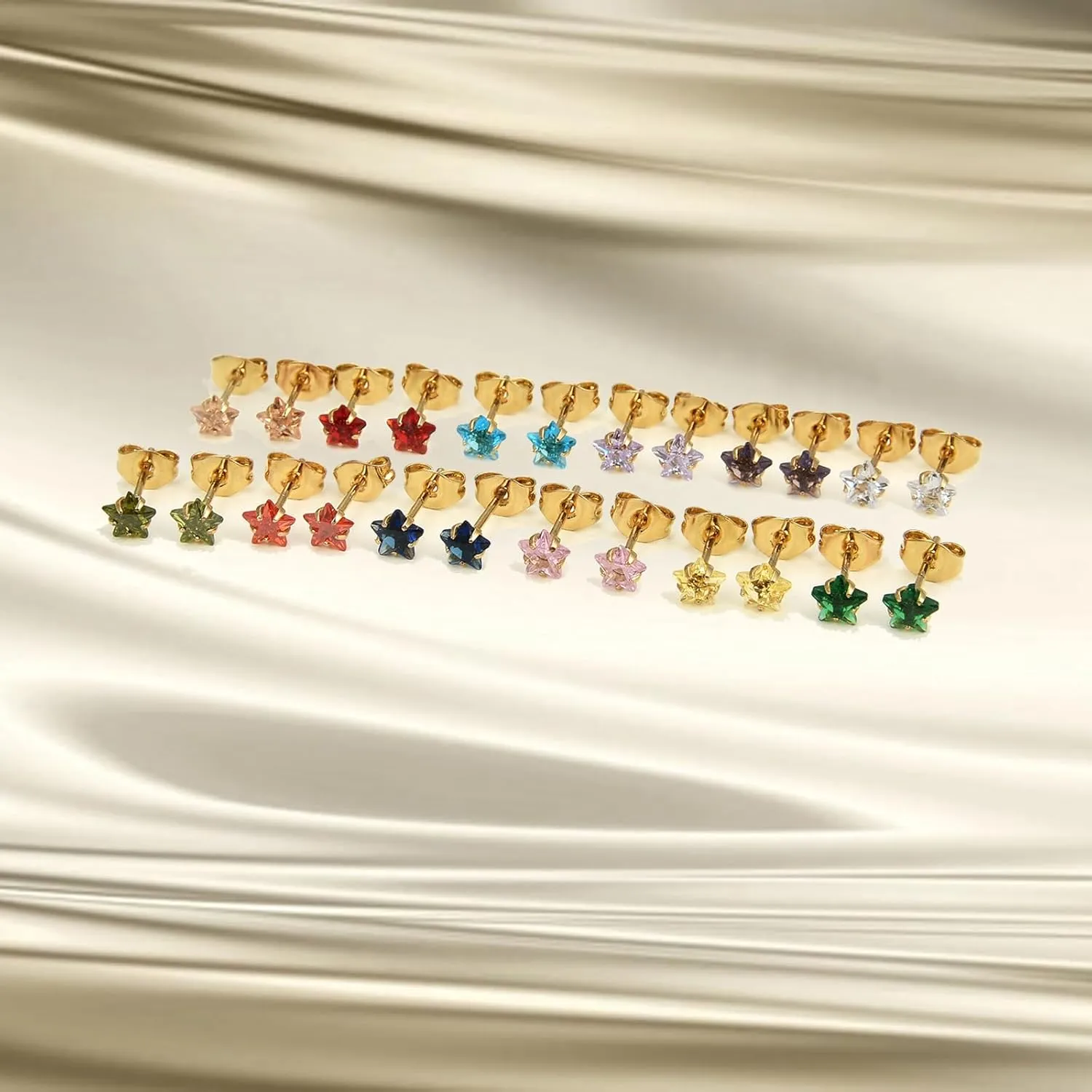 12 Pairs Surgical Stainless Steel Birthstone Cubic Zirconia Stud Earrings, Gold Plated Round Star Heart Square Princess Cut CZ Stud Earrings Set