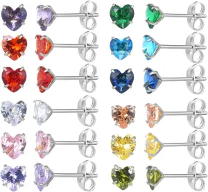 12 Pairs Surgical Stainless Steel Birthstone Cubic Zirconia Stud Earrings, Gold Plated Round Star Heart Square Princess Cut CZ Stud Earrings Set