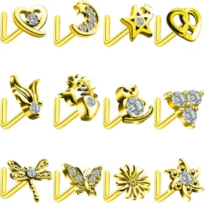 12 Pcs 20G Nose Studs Stainless Steel L Shaped Nose Rings Studs for Women CZ Heart Butterfly Star Nose Piercing Jewelry Gold