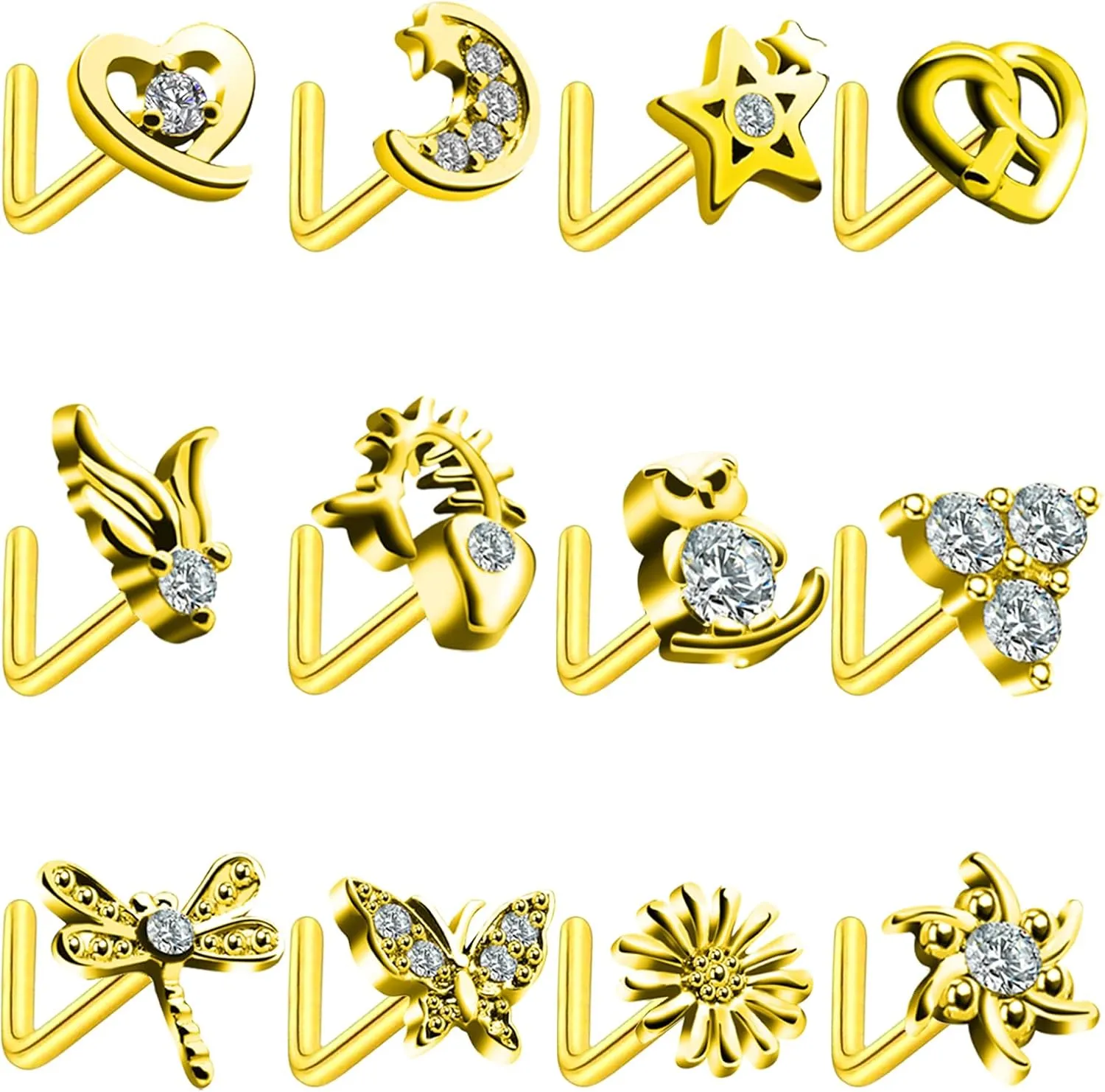 12 Pcs 20G Nose Studs Stainless Steel L Shaped Nose Rings Studs for Women CZ Heart Butterfly Star Nose Piercing Jewelry Gold