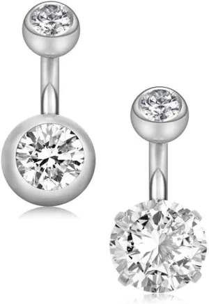 14G 6mm Short Bar, 10mm Normal Bar Stainless Steel Belly Button Rings Round Cubic Zirconia Navel Barbell Stud Body Piercing