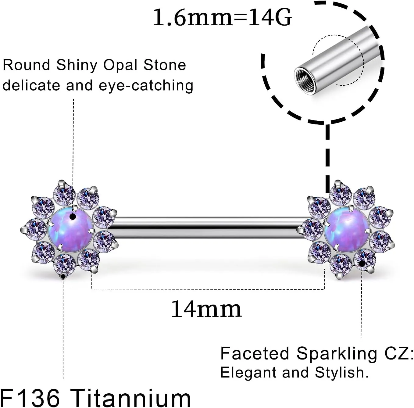 14G ASTM F136 Titanium Nipple Piercing Jewelry Shiny CZ Multicolor Opal Nipple Barbell Jewelry Internally Threaded G23 Solid Nipple Piercing Barbell Ring Jewelry for Women Men 14 Gauge
