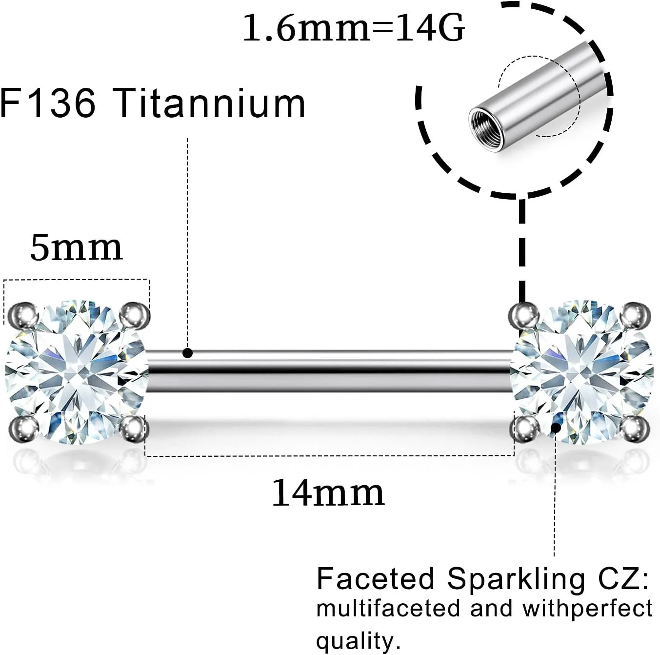 14G ASTM F136 Titanium Nipple Piercing Jewelry Shiny CZ Nipple Barbell Jewelry Internally Threaded G23 Solid Titanium Nipple Piercing Barbell Ring Jewelry for Women Men 14 Gauge