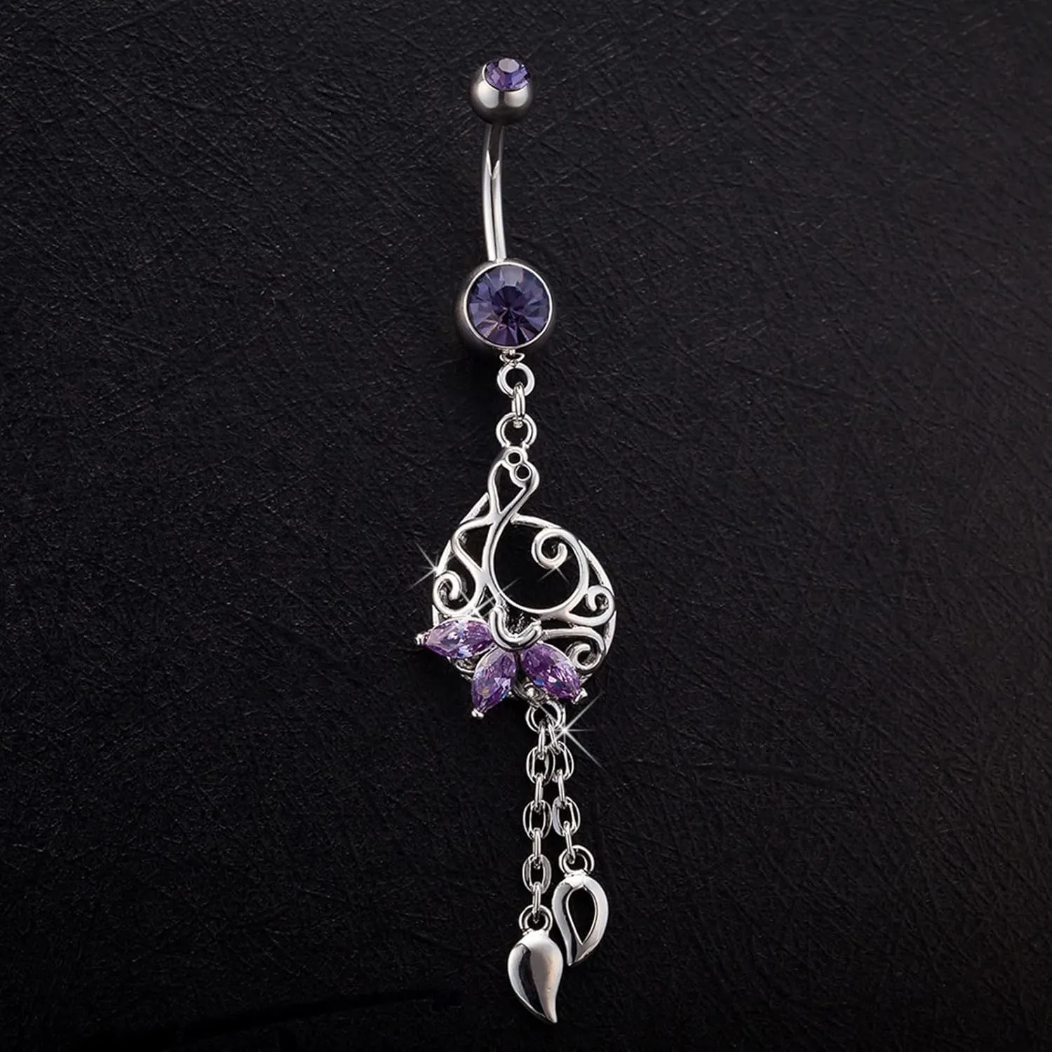 14G Belly Button Rings, Belly Button Rings Dangling 316L Surgical Steel Belly Button Rings Cubic Zirconia Long Flower with Tassel Belly Button Piercing Jewelry