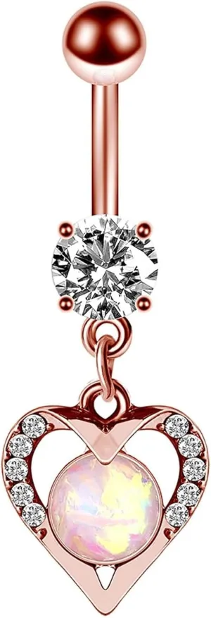 14G Belly Button Rings, Belly Rings Dangle Navel Rings Surgical Steel Heart with Opal Cubic Zirconia Belly Button Piercing Jewelry