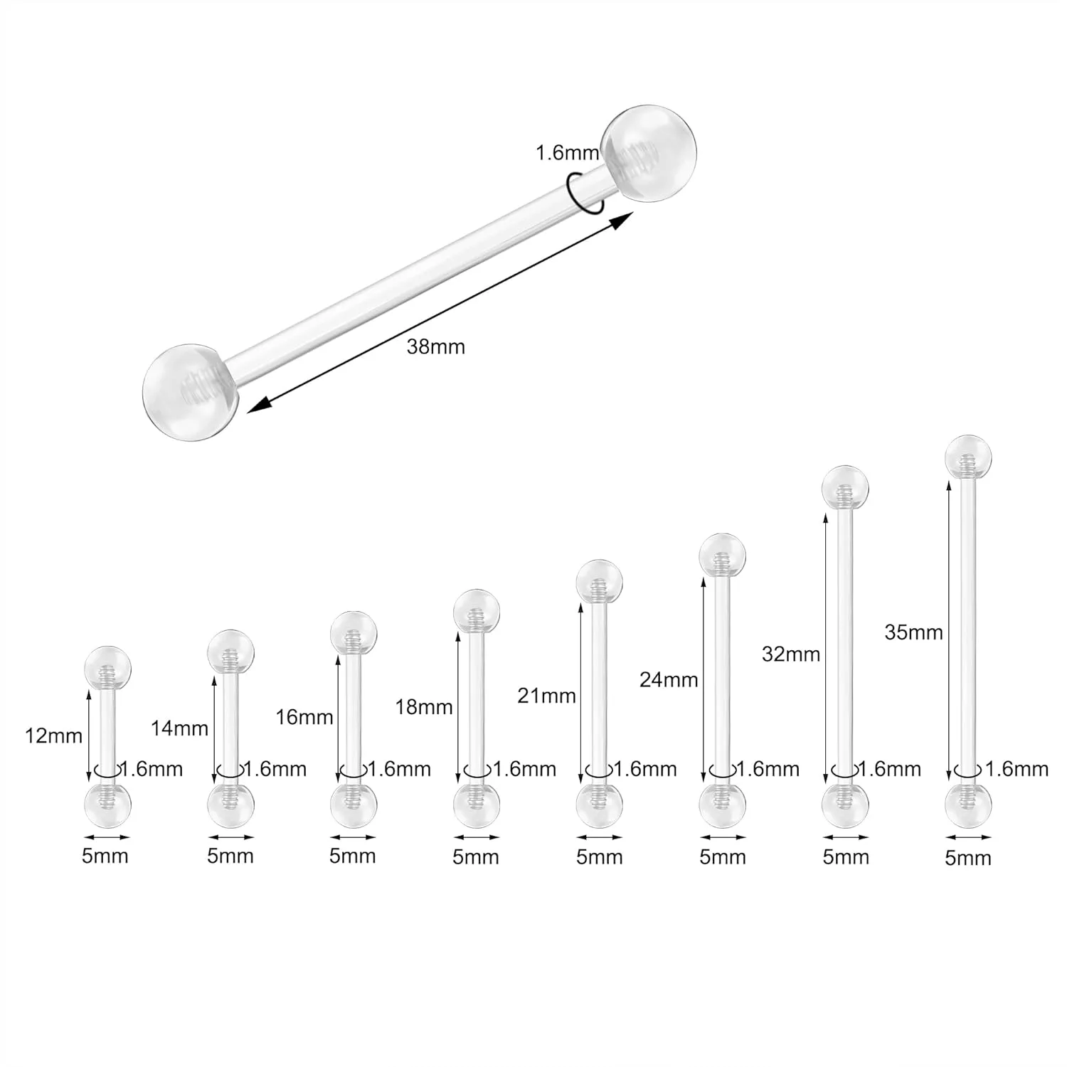 14G Clear Bioflex Flexible Acrylic Straight Bar Body Piercing Jewelry Tongue Rings Barbells Nipple Ring Retainer Piercing for Work, Pregnancy, MRI, Surgery & More, 12MM-38MM