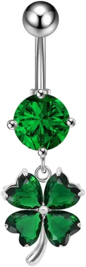 14G CZ Four Leaf Clover Dangle Belly Button Rings 316L Surgical Steel Belly Piercing Jewelry Red Green Crystal Shamrock Belly Navel Barbell Ring Body Piercing Jewelry for ST Patricks Day