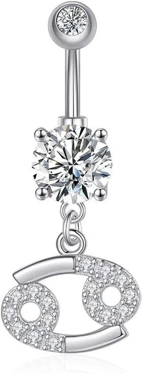 14G Dangle Belly Zodiac Signs Button Ring Silver Plated Clear CZ Zircon Stainless Steel Cute Belly Piercing Jewelry