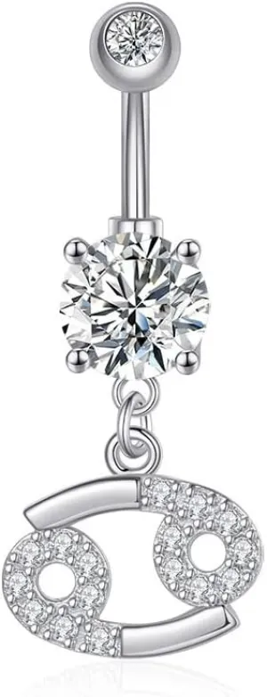 14G Dangle Belly Zodiac Signs Button Ring Silver Plated Clear CZ Zircon Stainless Steel Cute Belly Piercing Jewelry