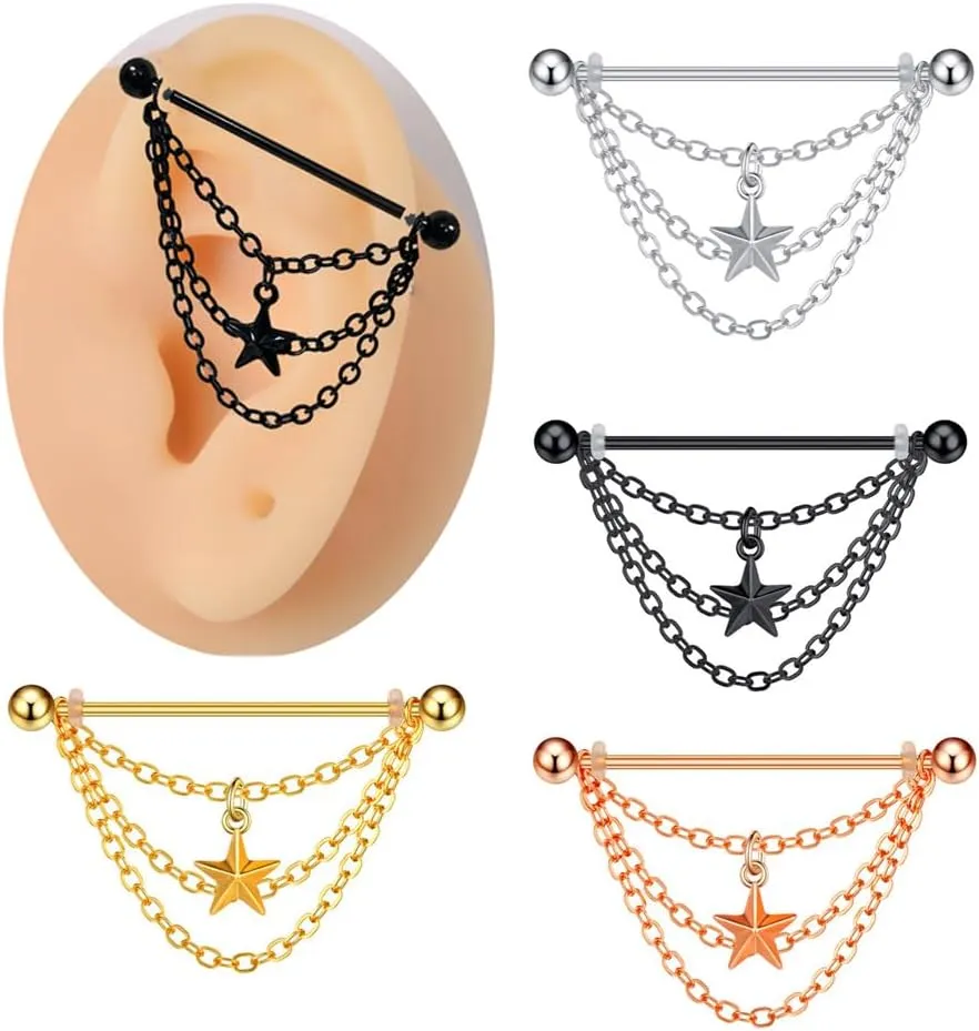 14G Star Chains Dangle Industrial Barbell Earrings for Women Men Stainless Steel Cartilage Helix Industrial Bar Nipple Body Piercing Jewelry