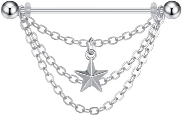 14G Star Chains Dangle Industrial Barbell Earrings for Women Men Stainless Steel Cartilage Helix Industrial Bar Nipple Body Piercing Jewelry