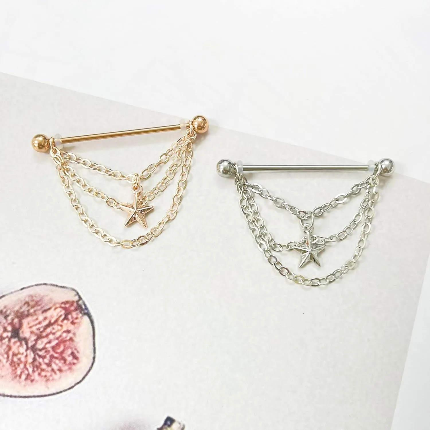 14G Star Chains Dangle Industrial Barbell Earrings for Women Men Stainless Steel Cartilage Helix Industrial Bar Nipple Body Piercing Jewelry