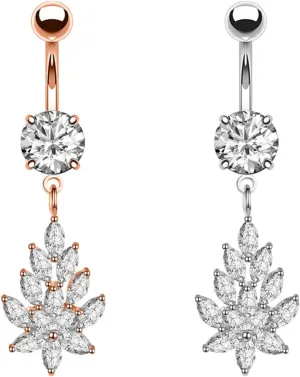 14G Women's Belly Rings, 2pcs Stainless Steel Leaf Cubic Zirconia Navel Rings for Women, Silver Rose Gold