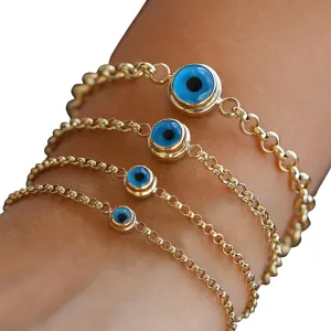 14k Gold Evil Eye Bracelet - Rolo Chain Solid Gold Bracelet - Blue Eyes Real Gold Eye Station Bracelet - Great Gift For Her - Turkish Greek Eye Protection Symbol Jewelry