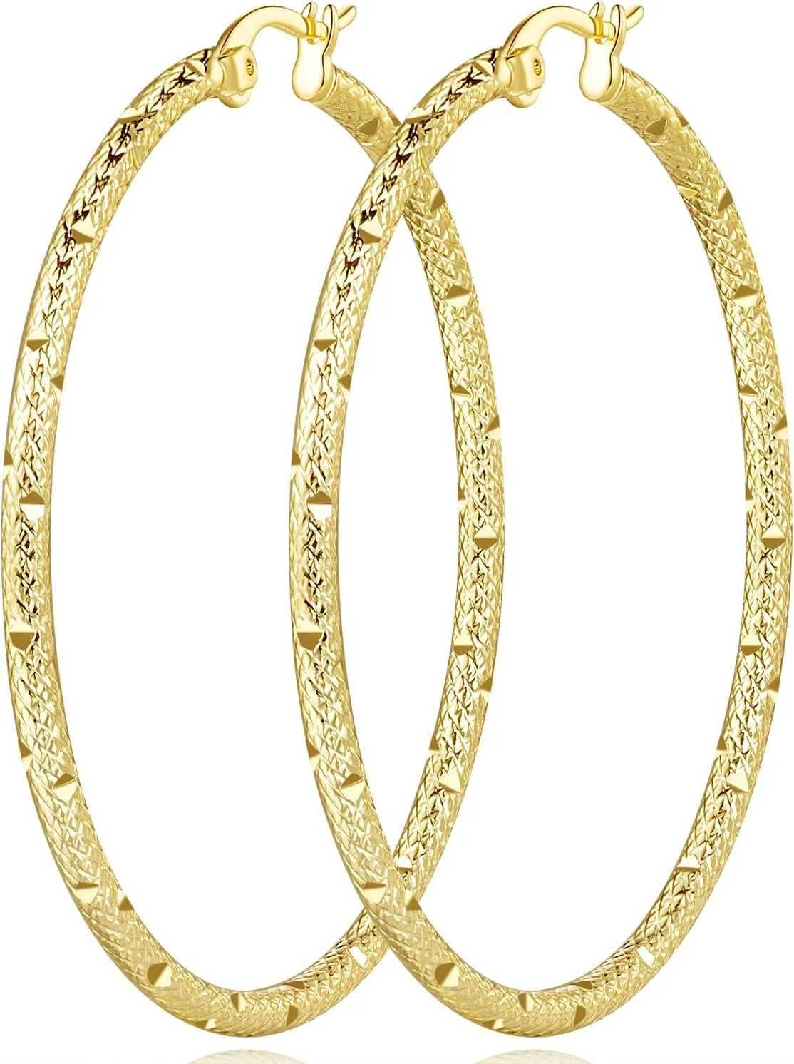 14K Gold Hoop Earrings for Women with Unique Textured Design and Latch Back - A Thoughtful Jewelry for Women Gold Hoop 45mm