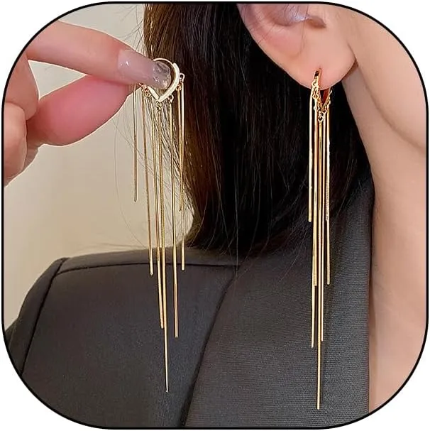 14K Gold Long Tassel Dangle Drop Earrings, Minimalism Hanging Lines Piercing Earrings, Prom Party Statement Jewelry Gifts for Women