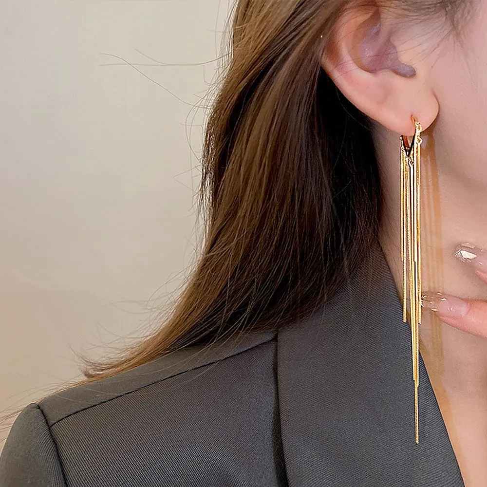 14K Gold Long Tassel Dangle Drop Earrings, Minimalism Hanging Lines Piercing Earrings, Prom Party Statement Jewelry Gifts for Women