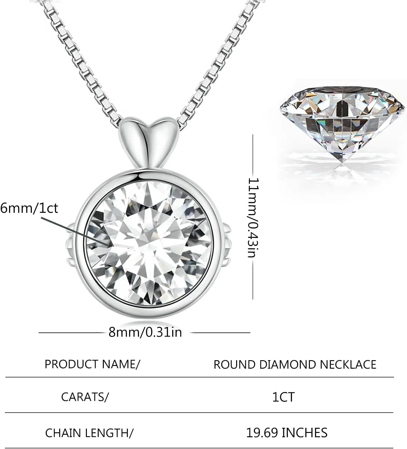 14K Gold Lovely 1ct VVS2 D-Color Round Cut Diamond Pendant Necklace for Women with 19.69 in Chain, Cute and Sweet Women's Jewelry Piece for Valentines Day