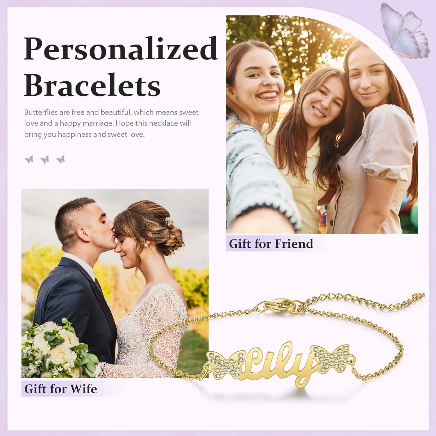 14K Gold Name Anklets Bracelets for Women 1oK 14k 18K Gold Butterfly/Two Nameplate Anklets Adjustable Chain Personalized Jewelry Birthday Anniversary Mothers day Gifts for Women Wife Girlfriend Mom